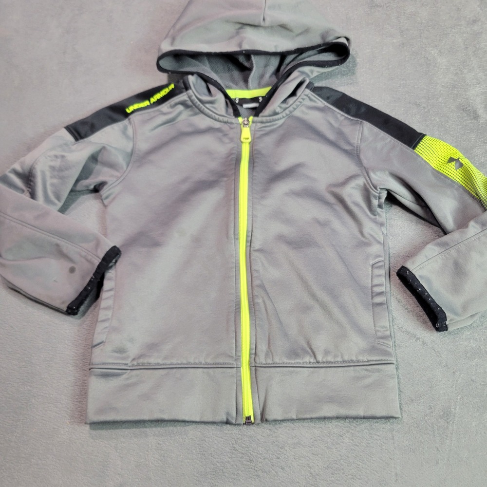 Under Armour Hoodie Boys Size 5 Gray Black Neon Yellow Full Zip‎ Jacket Active